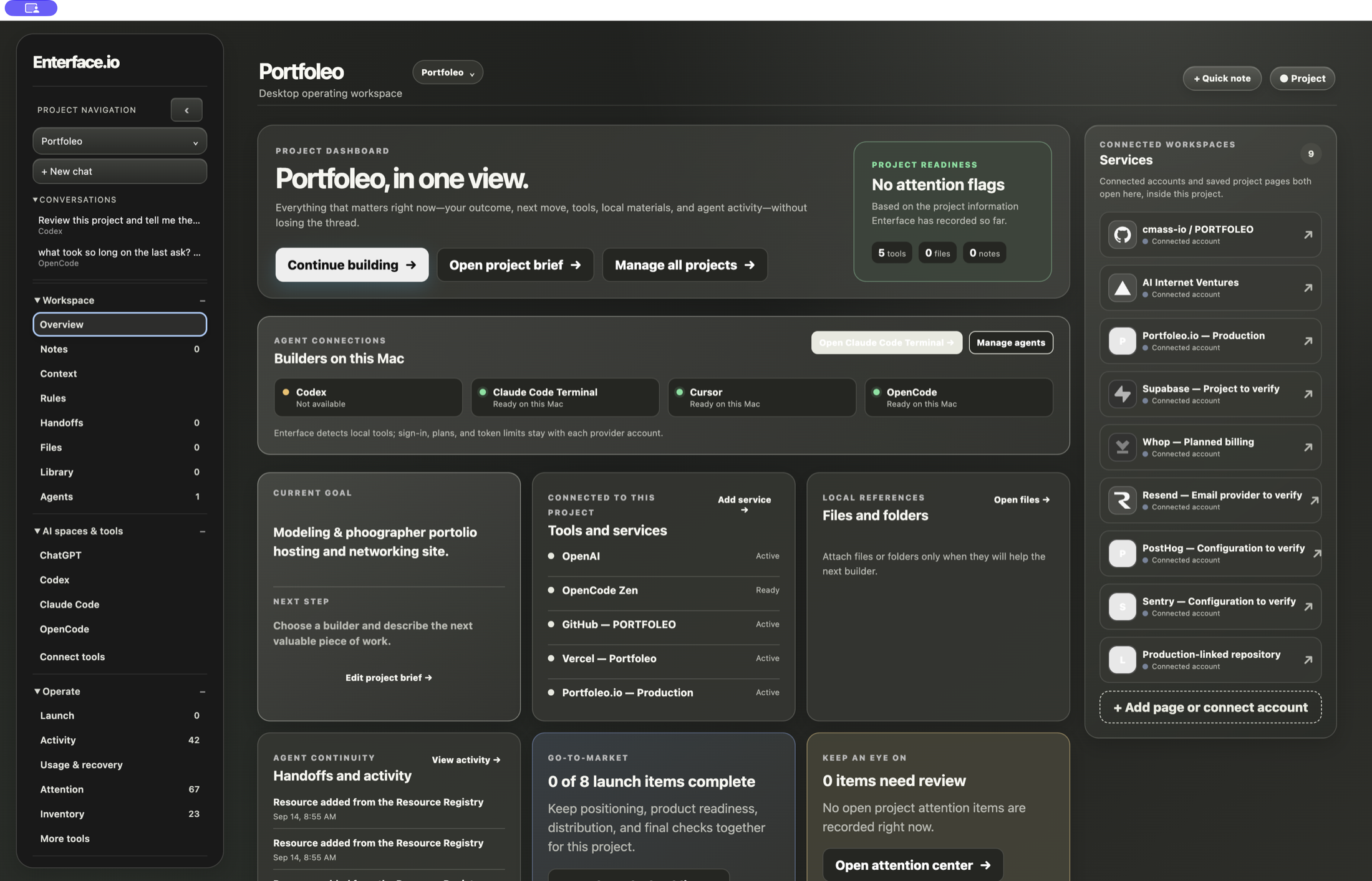 Enterface Project Overview and project-specific Services panel