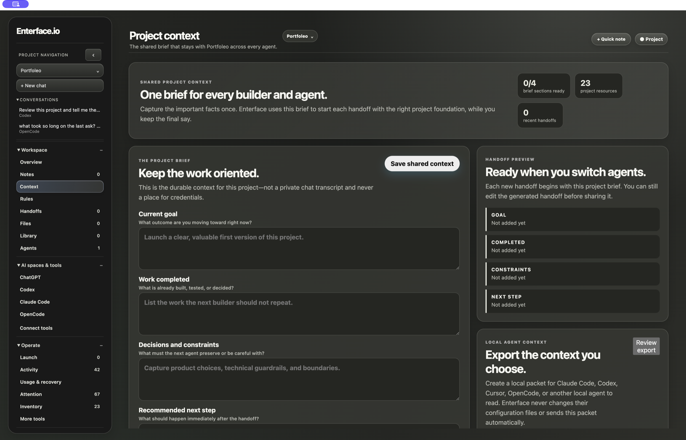 Enterface project context and handoff preview