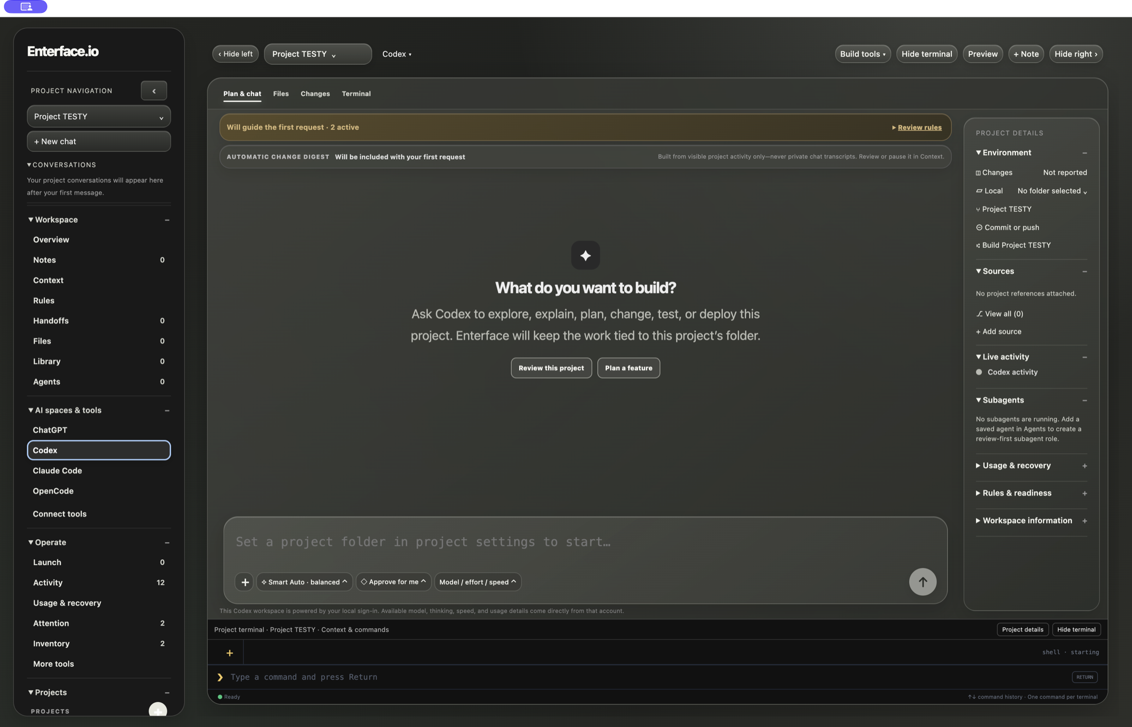 Enterface Build workspace with Codex and project Terminal